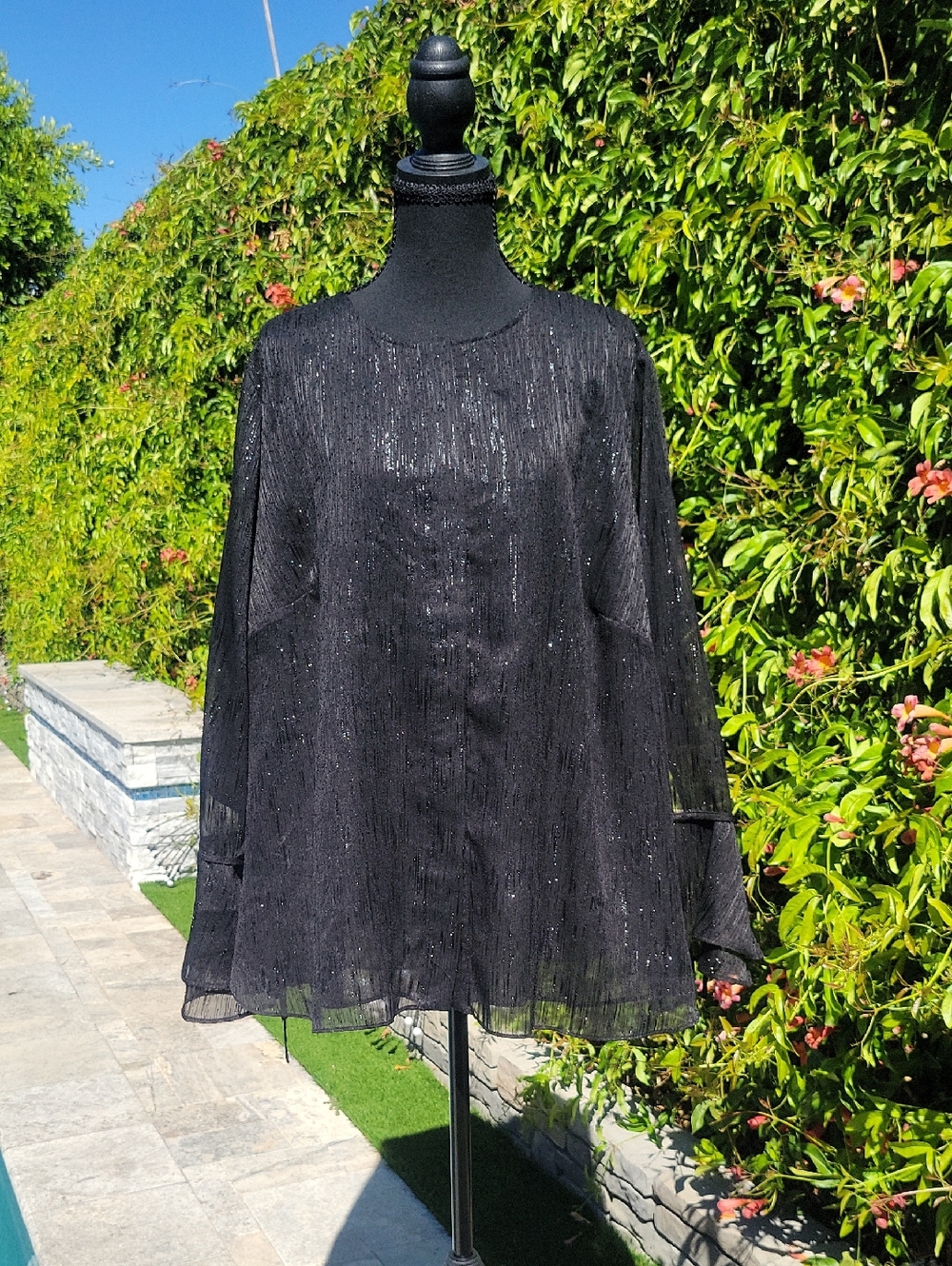 Calvin Klein Stunning Flowy Whimsigoth Sparkly Sheer Long Sleeve Black top Sz 2X